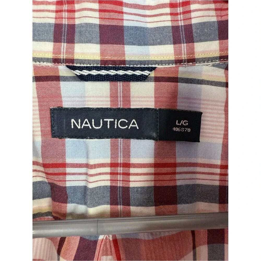Nautica tshirt Short Sleeve Plaid Button-Up Shirt in Red, Blue, White